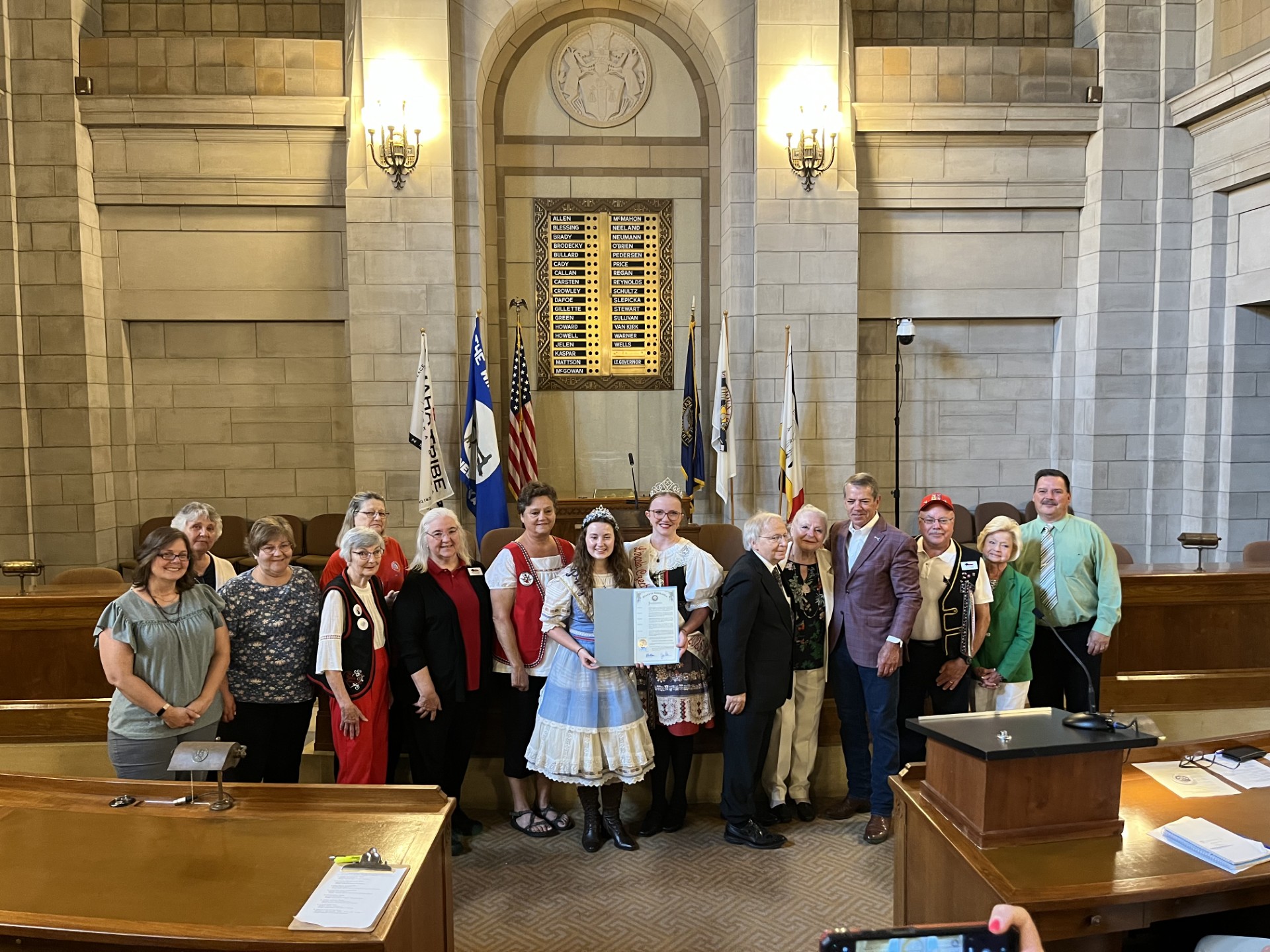 Nebraska Czech Heritage Week founders, Czech-Slovak royalty, and community members at the proclamation signing in the Nebraska State Capitol.